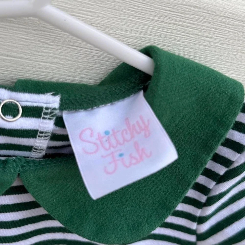 Stitchy Fish white & blue striped romper with green collar